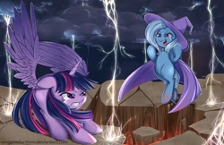 Size: 1088x704 | Tagged: safe, artist:omgproductions, imported from derpibooru, trixie, twilight sparkle, alicorn, pony, electrixie, female, fight, lava, lightning, mare, storm, twilight sparkle (alicorn)