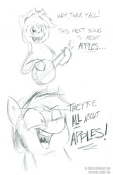 Size: 1000x1554 | Tagged: safe, artist:thraten, imported from derpibooru, applejack, maud pie (episode), banjo, comic, female, insanity, monochrome, musical instrument, sketch, smiling, snapplejack, solo, that pony sure does love apples, traditional art, uvula, wide eyes