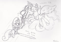 Size: 2325x1625 | Tagged: safe, artist:frikdikulous, imported from derpibooru, princess luna, sweetie belle, dark magic, dialogue, force lightning, hoof hold, lightsaber, magic, monochrome, sith, sketch, sombra eyes