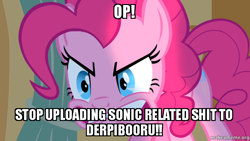 Size: 800x450 | Tagged: safe, edit, edited screencap, imported from derpibooru, screencap, pinkie pie, caption, crossover, drama, drama bait, female, lies, meme, op is a duck, op is trying to start shit, rage, solo, sonic drama, sonic the hedgehog, sonic the hedgehog (series), stupidity, vulgar