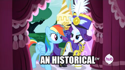 Size: 1280x720 | Tagged: safe, imported from derpibooru, screencap, rainbow dash, rarity, pegasus, pony, unicorn, testing testing 1-2-3, ancient wonderbolts uniform, clothes, duo, female, grammar, hat, hub logo, image macro, mare, meme, open mouth, sgt. rarity, shako, uniform