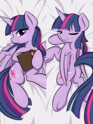 Size: 800x1068 | Tagged: safe, artist:theparagon, imported from derpibooru, twilight sparkle, alicorn, pony, bed, body pillow, body pillow design, book, butt, cute, female, lidded eyes, mare, one eye closed, plot, solo, twilight sparkle (alicorn), underhoof