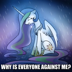 Size: 1494x1490 | Tagged: safe, imported from derpibooru, princess celestia, celestia defence, crying, female, image macro, meme, op is trying to start shit, rain, solo