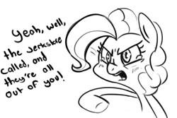 Size: 891x595 | Tagged: safe, artist:nohooves, imported from derpibooru, pinkie pie, crying, dialogue, female, monochrome, seinfeld, sketch, solo