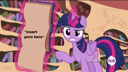 Size: 1280x720 | Tagged: safe, edit, edited screencap, imported from derpibooru, screencap, twilight sparkle, pony, testing testing 1-2-3, all new, centerfold, exploitable meme, female, hub logo, implied porn, meme, meta, porn, rainbow dash's centerfold, solo, text, twilight sparkle (alicorn)