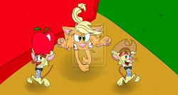 Size: 1024x546 | Tagged: safe, artist:taijey, imported from derpibooru, applejack, flam, flim, cat, mouse, apple, applecat, catified, flim flam brothers, hat, mousified, species swap, watermark