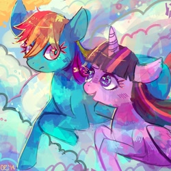 Size: 1280x1280 | Tagged: safe, artist:cherivinca, imported from derpibooru, rainbow dash, twilight sparkle, alicorn, pony, testing testing 1-2-3, female, mare, twilight sparkle (alicorn)