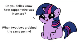 Size: 1194x668 | Tagged: safe, imported from derpibooru, twilight sparkle, pony, unicorn, antisemitism, female, filly, filly twilight sparkle, filly twilight telling an offensive joke, jew, meme, mouthpiece, obligatory pony, op is a duck, out of character, racism, simple background, solo, unicorn twilight, white background, younger