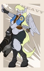 Size: 889x1423 | Tagged: safe, artist:fuf, imported from derpibooru, derpy hooves, anthro, breasts, busty derpy hooves, chubby, female, heavy, minigun, muffin, solo, team fortress 2, underboob