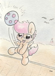 Size: 675x934 | Tagged: safe, artist:slightlyshade, imported from derpibooru, scootaloo, ball, female, happy, solo, traditional art