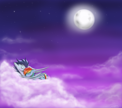 Size: 3600x3200 | Tagged: safe, artist:cheecatkatfury, imported from derpibooru, rainbow dash, soarin', blushing, cloud, cloudy, cuddling, cute, eyes closed, female, love, male, moon, night, romance, romantic, shipping, sleeping, smiling, snuggling, soarindash, spread wings, straight