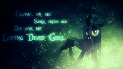 Size: 1920x1080 | Tagged: dead source, safe, artist:racefox, artist:tzolkine, imported from derpibooru, queen chrysalis, changeling, changeling queen, fangs, female, glow, glowing, living dead girl, lyrics, rob zombie, solo, song reference, vector, wallpaper