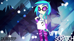 Size: 2560x1440 | Tagged: safe, artist:adrianimpalamata, artist:game-beatx14, artist:vaux111, imported from derpibooru, dj pon-3, vinyl scratch, equestria girls, music to my ears, female, glasses, headphones, logo, mp3 player, solo, vector, wallpaper