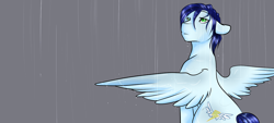 Size: 1280x576 | Tagged: safe, artist:azure-doodle, imported from derpibooru, soarin', pony, gray background, looking up, male, rain, simple background, sitting, solo, spread wings, stallion, wet mane, wings