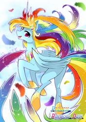 Size: 600x849 | Tagged: safe, artist:namagakiokami, artist:yuki-zakuro, artist:yukina-namagaki, imported from derpibooru, rainbow dash, alicorn, pony, alicornified, feather, female, jewelry, looking at you, princess rainbow dash, race swap, rainbowcorn, regalia, solo, text