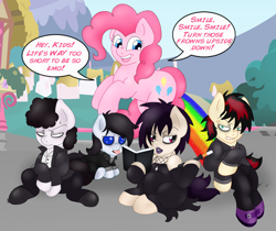 Size: 2400x2020 | Tagged: safe, artist:blackbewhite2k7, imported from derpibooru, pinkie pie, chubby, crossover, firkle, goth, henrietta, michael, pete, ponified, rainbow, saturated, smile smile smile, south park, south park: the stick of truth