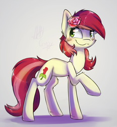 Size: 1528x1649 | Tagged: safe, artist:suplolnope, imported from derpibooru, roseluck, earth pony, pony, :3, blushing, commissioner:doom9454, female, flower, fluffy, raised hoof, smiling, solo