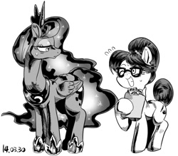 Size: 972x853 | Tagged: safe, artist:nekubi, imported from derpibooru, princess luna, writing desk, alicorn, earth pony, pony, duo, duo female, female, glasses, grayscale, mare, monochrome, simple background