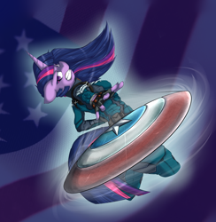 Size: 4404x4518 | Tagged: safe, artist:vicse, imported from derpibooru, twilight sparkle, anthro, absurd resolution, action pose, captain america, clothes, female, marvel, parody, shield, solo