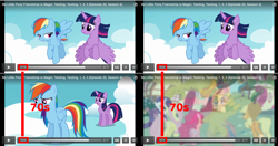 Size: 1318x694 | Tagged: safe, imported from derpibooru, applejack, fluttershy, pinkie pie, rainbow dash, rarity, twilight sparkle, alicorn, pony, testing testing 1-2-3, comparison, female, mane six, mare, timing, twilight sparkle (alicorn)