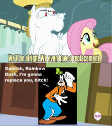 Size: 640x717 | Tagged: safe, edit, edited screencap, imported from derpibooru, screencap, bulk biceps, fluttershy, rainbow dash, rainbow falls, bad edit, exploitable meme, goofy (disney), meme, replacement meme, text, vulgar