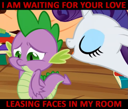 Size: 671x572 | Tagged: safe, edit, edited screencap, imported from derpibooru, screencap, rarity, spike, caption, female, image macro, los pericos, male, meme, music, shipping, song reference, sparity, straight, wating for your love