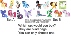 Size: 2104x1060 | Tagged: safe, imported from derpibooru, applejack, babs seed, bulk biceps, cheese sandwich, coco pommel, discord, king sombra, mane-iac, maud pie, pinkie pie, princess luna, rarity, soarin', sunset shimmer, sweetie belle, twilight sparkle, pony, applejewel, future twilight, pinkamena diane pie, text, toy