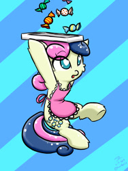 Size: 1200x1600 | Tagged: safe, artist:harthric, imported from derpibooru, bon bon, sweetie drops, pony, adorabon, apron, bipedal, candy, clothes, cute, female, solo, tray