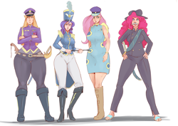 Size: 1280x908 | Tagged: safe, artist:sundown, imported from derpibooru, applejack, fluttershy, pinkie pie, rarity, human, testing testing 1-2-3, ancient wonderbolts uniform, applebucking thighs, boots, clothes, epaulettes, facial hair, fake moustache, hat, high heel boots, horned humanization, humanized, line-up, moustache, saber, sgt. rarity, shako, shoes, sword, uniform, weapon, wide hips, winged humanization