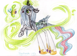 Size: 3377x2474 | Tagged: safe, artist:julunis14, imported from derpibooru, princess celestia, queen chrysalis, changeling, changeling queen, character to character, female, solo, traditional art, transformation