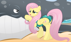 Size: 18000x10800 | Tagged: safe, artist:xniclord789x, imported from derpibooru, fluttershy, pegasus, pony, whale, absurd resolution, beach, butt, clothes, folded wings, one-piece swimsuit, plot, swimsuit, wings