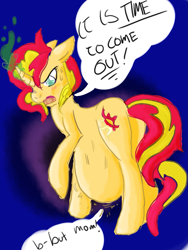 Size: 1071x1425 | Tagged: safe, artist:dolly, artist:twizzle, imported from derpibooru, sunset shimmer, pony, unicorn, belly, colored, dialogue, female, overdue, pregnant, solo