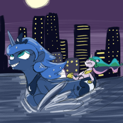 Size: 700x700 | Tagged: safe, artist:goat train, imported from derpibooru, princess celestia, princess luna, boat, building, city, moon, night, skyscraper, wat, water