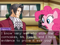 Size: 800x600 | Tagged: safe, imported from derpibooru, pinkie pie, ace attorney, crossover, dialogue, miles edgeworth