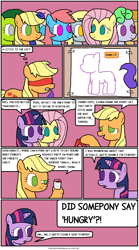 Size: 914x1648 | Tagged: safe, artist:thelonelyartisian, imported from derpibooru, applejack, bon bon, derpy hooves, fluttershy, pinkie pie, rainbow dash, rarity, sweetie drops, twilight sparkle, earth pony, pegasus, pony, unicorn, comic:pie eating contest, blindfold, comic, female, mane six, mare, mouth hold, party, pin the tail on the pony