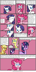 Size: 912x1818 | Tagged: safe, artist:thelonelyartisian, imported from derpibooru, applejack, pinkie pie, rarity, twilight sparkle, earth pony, pegasus, pony, unicorn, comic:pie eating contest, comic, dialogue, female, hoof in mouth, imminent vore, implied vore, mare, wide eyes