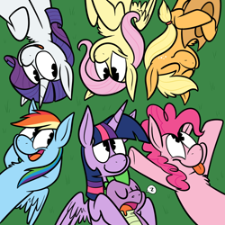 Size: 900x900 | Tagged: dead source, safe, artist:karpet-shark, imported from derpibooru, applejack, fluttershy, pinkie pie, rainbow dash, rarity, spike, twilight sparkle, alicorn, earth pony, pegasus, pony, unicorn, twily-daily, :p, chest fluff, cute, drool, eyes closed, female, friendshipping, hat, hat off, lying down, mama twilight, mane seven, mane six, mare, open mouth, pac-man eyes, pacman eyes, sleeping, smiling, spikelove, tongue out, twilight sparkle (alicorn), wide eyes, z