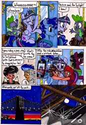 Size: 1373x1986 | Tagged: safe, artist:newyorkx3, imported from derpibooru, flash sentry, spike, twilight sparkle, oc, oc:tommy, alicorn, human, pony, comic:twilight and the big city, adorkable, carousel, comic, cute, dork, female, mare, non-mlp oc, ponies riding ponies, riding, self insert, traditional art, twiabetes, twilight sparkle (alicorn)