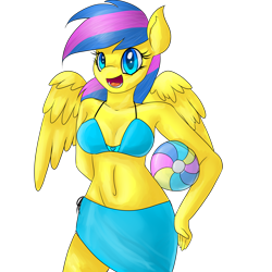 Size: 4000x4000 | Tagged: safe, artist:lisa400, imported from derpibooru, oc, oc only, oc:sunshine, anthro, pegasus, anthro oc, beach ball, belly button, bikini, clothes, solo, swimsuit