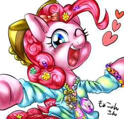 Size: 600x576 | Tagged: safe, artist:nekubi, imported from derpibooru, pinkie pie, earth pony, pony, ask harajukupinkiepie, askharajukupinkiepie, bow, candy, clothes, cute, decora, diapinkes, female, food, hair accessory, hair bow, harajuku, heart, one eye closed, open mouth, solo, sweater, wink