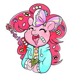 Size: 601x645 | Tagged: safe, artist:picorna, imported from derpibooru, pinkie pie, earth pony, semi-anthro, ask harajukupinkiepie, askharajukupinkiepie, bow, clothes, decora, female, flower, flower in hair, hair accessory, hair bow, harajuku, japanese, simple background, solo, white background