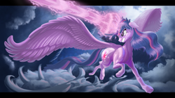 Size: 1920x1080 | Tagged: safe, artist:zookz25, imported from derpibooru, twilight sparkle, alicorn, pony, badass, colored, female, impossibly large wings, impossibly long tail, large wings, lighting, long mane, magic, magic blast, mare, semi-realistic, shading, solo, spread wings, sternocleidomastoid, striped mane, striped tail, tail, twilight sparkle (alicorn), wallpaper, wings