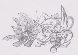 Size: 1829x1298 | Tagged: safe, artist:magello, imported from derpibooru, princess cadance, twilight sparkle, alicorn, pony, female, fight, jetstream sam, konami, mare, metal gear, metal gear rising, monochrome, pencil drawing, raiden, sword, traditional art, twilight sparkle (alicorn)