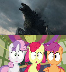 Size: 1112x1212 | Tagged: safe, imported from derpibooru, apple bloom, scootaloo, sweetie belle, kaiju, cutie mark crusaders, godzilla, godzilla (series), godzilla 2014, obligatory pony, reaction