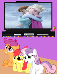 Size: 1170x1524 | Tagged: safe, imported from derpibooru, apple bloom, scootaloo, sweetie belle, anna, cutie mark crusaders, elsa, exploitable meme, frozen (movie), meme, obligatory pony, tv meme