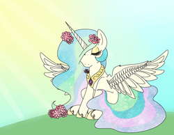 Size: 1280x991 | Tagged: safe, artist:ponycide, imported from derpibooru, princess celestia, eyes closed, female, flower, solo