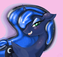 Size: 2736x2448 | Tagged: safe, artist:falco9998, imported from derpibooru, princess luna, :p, bedroom eyes, blushing, female, floppy ears, grin, lipstick, looking at you, portrait, smiling, solo, tongue out