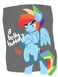 Size: 1024x1371 | Tagged: safe, artist:fauxsquared, imported from derpibooru, rainbow dash, pony, annoyed, belly button, bipedal, commission, commissioner:navelcolt, crossed hooves, frown, glare, rainbow blitz, rule 63, solo, spread wings