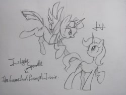 Size: 1000x750 | Tagged: source needed, safe, imported from derpibooru, trixie, twilight sparkle, alicorn, pony, female, lesbian, mare, monochrome, shipping, traditional art, twilight sparkle (alicorn), twixie