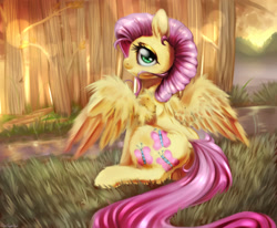 Size: 2000x1650 | Tagged: safe, artist:carligercarl, imported from derpibooru, fluttershy, female, grass, sitting, solo, water